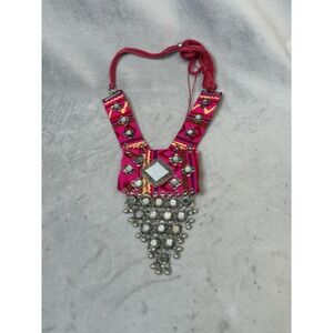 Ethnic Asian Statement Bib Necklace Women Silver Mirror Boho Jewelry 16 Inch